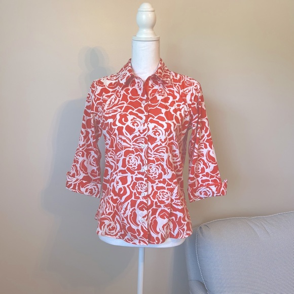 Coldwater Creek Tops - Coldwater Creek Floral Coral/ Orange & White Button Up 3/4 Sleeve Blouse…